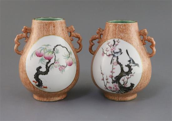 A pair of Chinese faux wood famille rose vases, hu, Qianlong mark, Republic period, H. 15.5cm